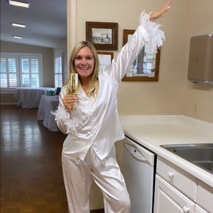 White Bridal PJ Silk Feathered Set